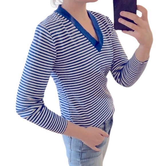 VTG Blue White Stripe V Neck Knit Pullover Sweater Jumper Academia Prep XS S M - Picture 10 of 16